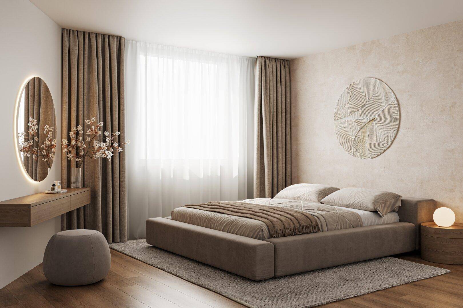 Modernes Schlafzimmer in warmen Beigetönen mit großem Bett, Schminktisch und viel natürlichem Licht.