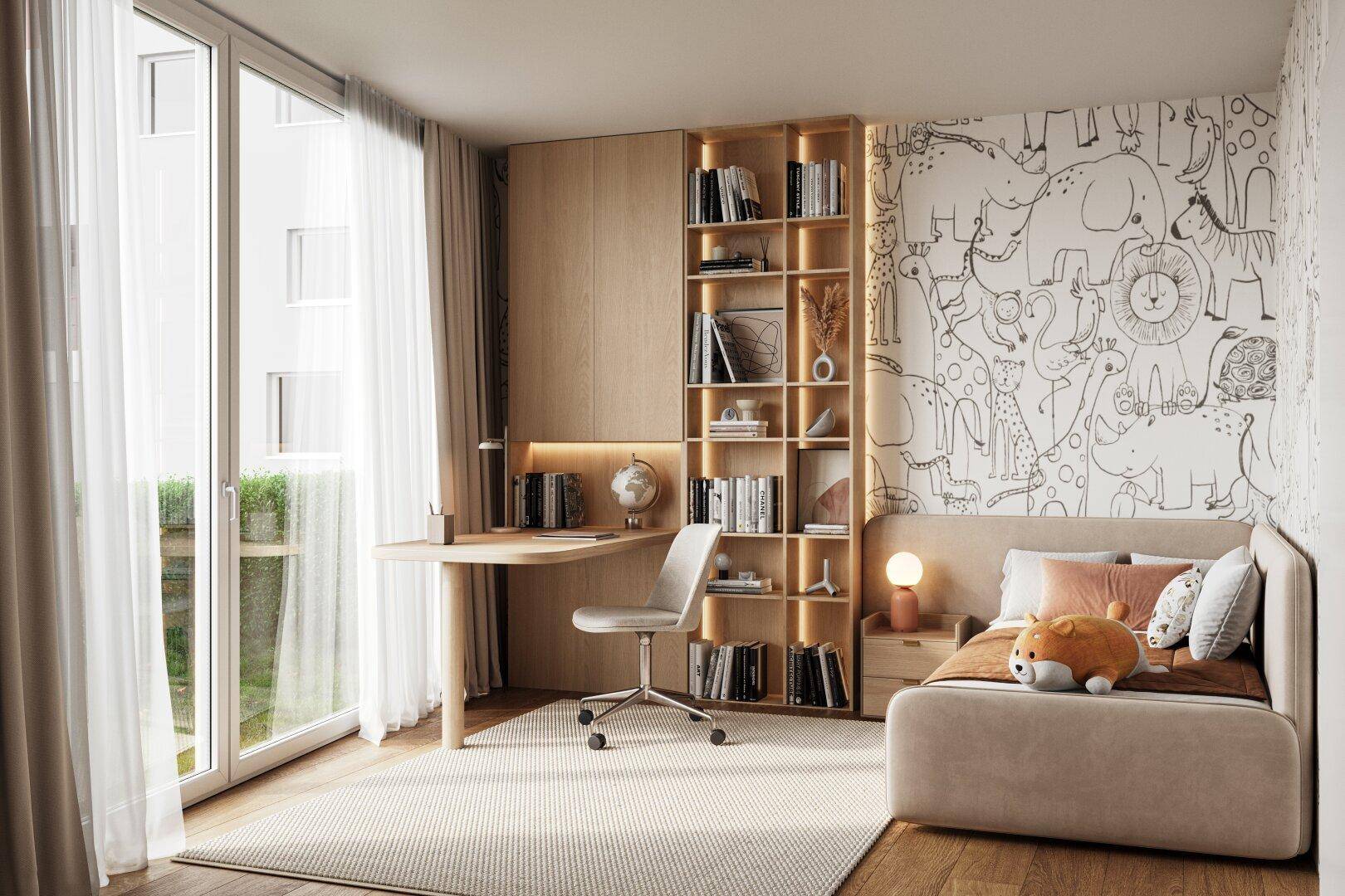 Kinderzimmer mit Schreibtisch, integriertem Regal und spielerischer Wandgestaltung mit Tiermotiven.