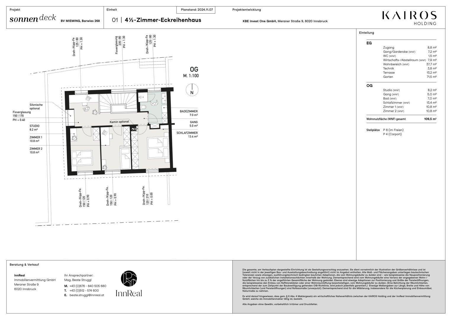 Grundriss des Obergeschosses mit Schlafzimmern, Badezimmer und optionalem Kamin.