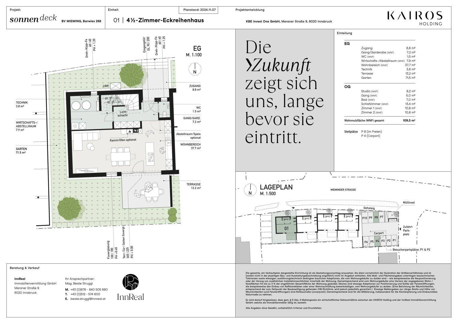 Grundriss des Erdgeschosses mit Garten, Terrasse und detailliertem Lageplan des Projekts.