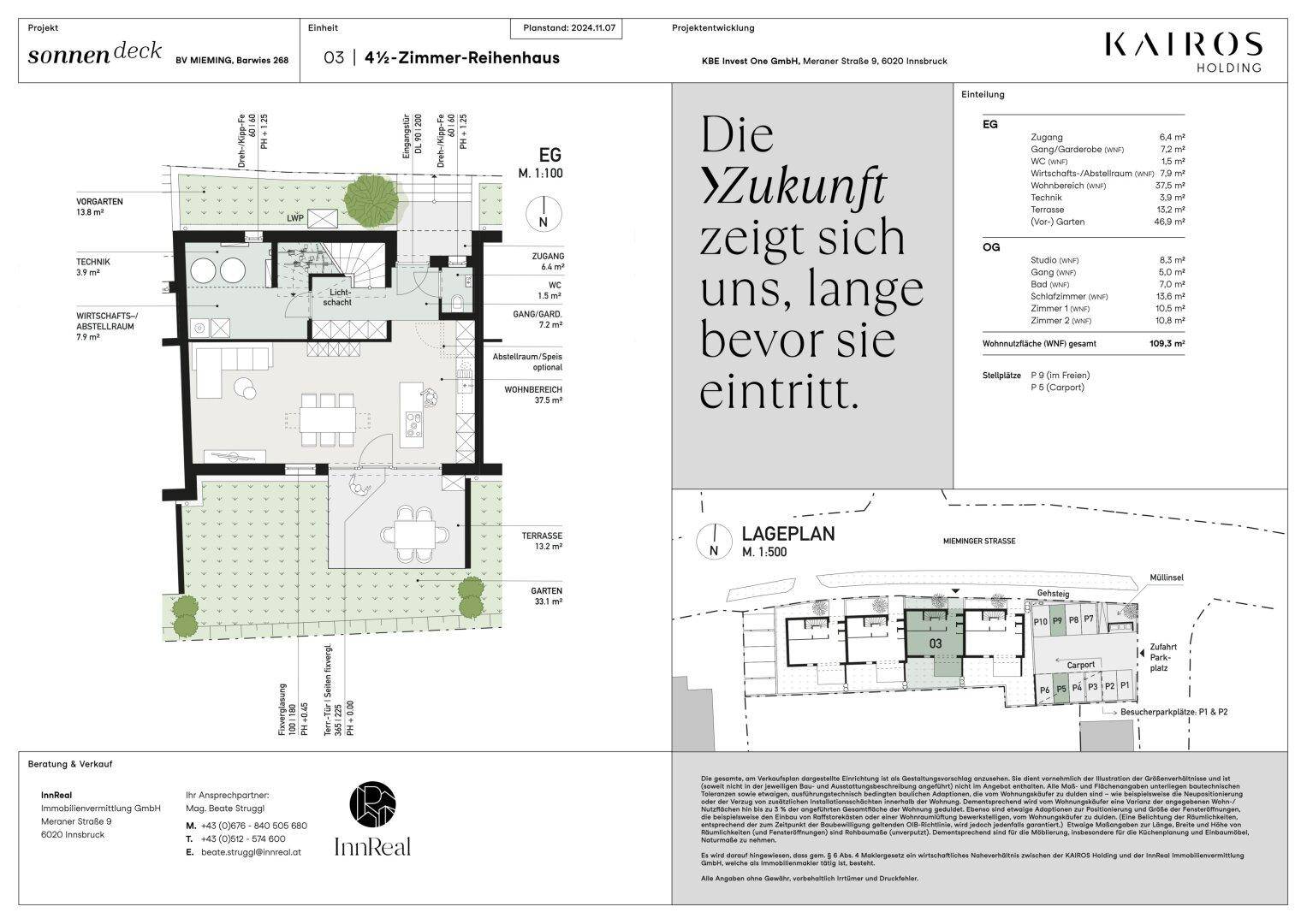Grundriss des Erdgeschosses mit Garten, Terrasse und offenem Wohnbereich.