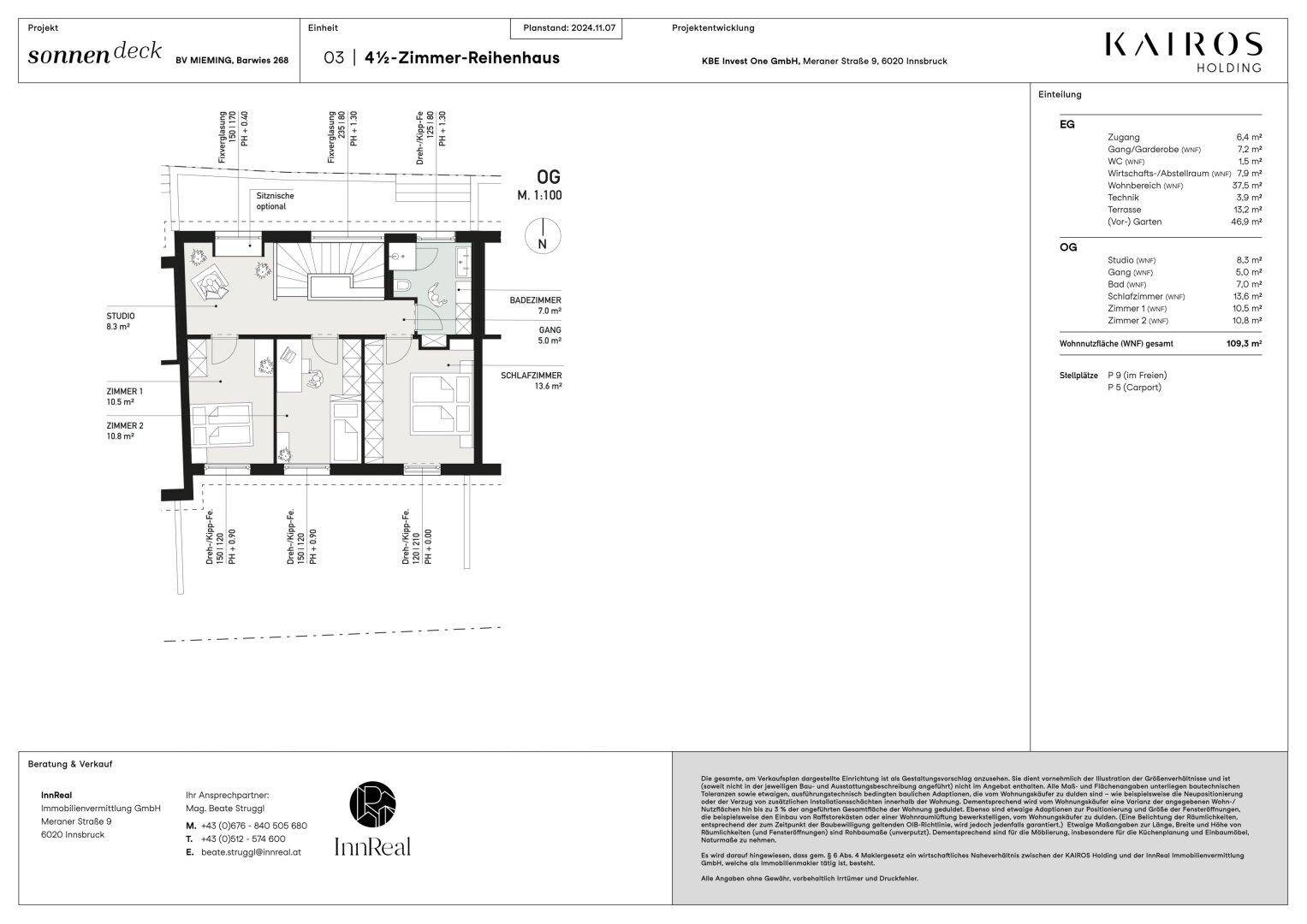 Grundriss des Obergeschosses mit Schlafzimmern und Badezimmer.