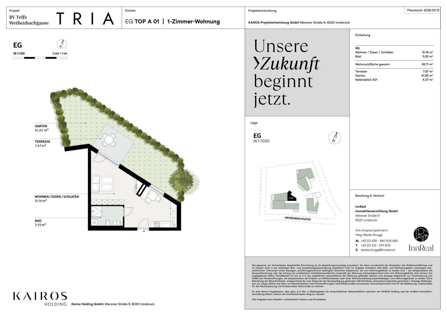 Grundriss einer 1-Zimmer-Wohnung mit Terrasse und Gartenbereich im Erdgeschoss.