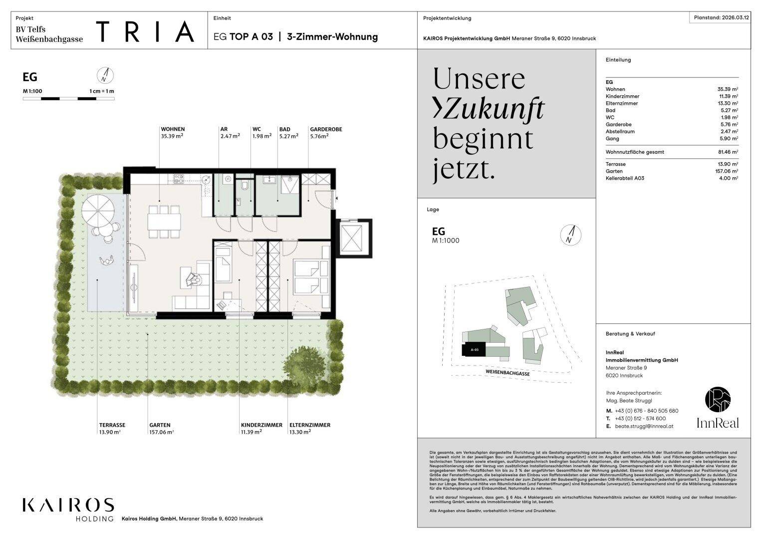 Grundriss einer 3-Zimmer-Wohnung im Erdgeschoss mit Terrasse und Garten.