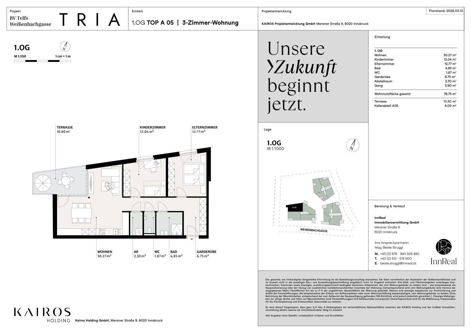 Grundriss einer 3-Zimmer-Wohnung mit Terrasse und offenem Wohnbereich.