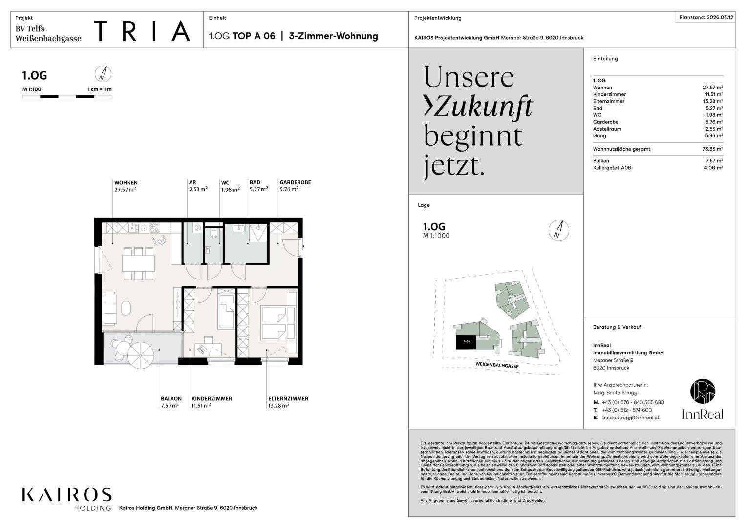Detaillierter Grundriss einer 3-Zimmer-Wohnung mit Balkon und separatem WC.