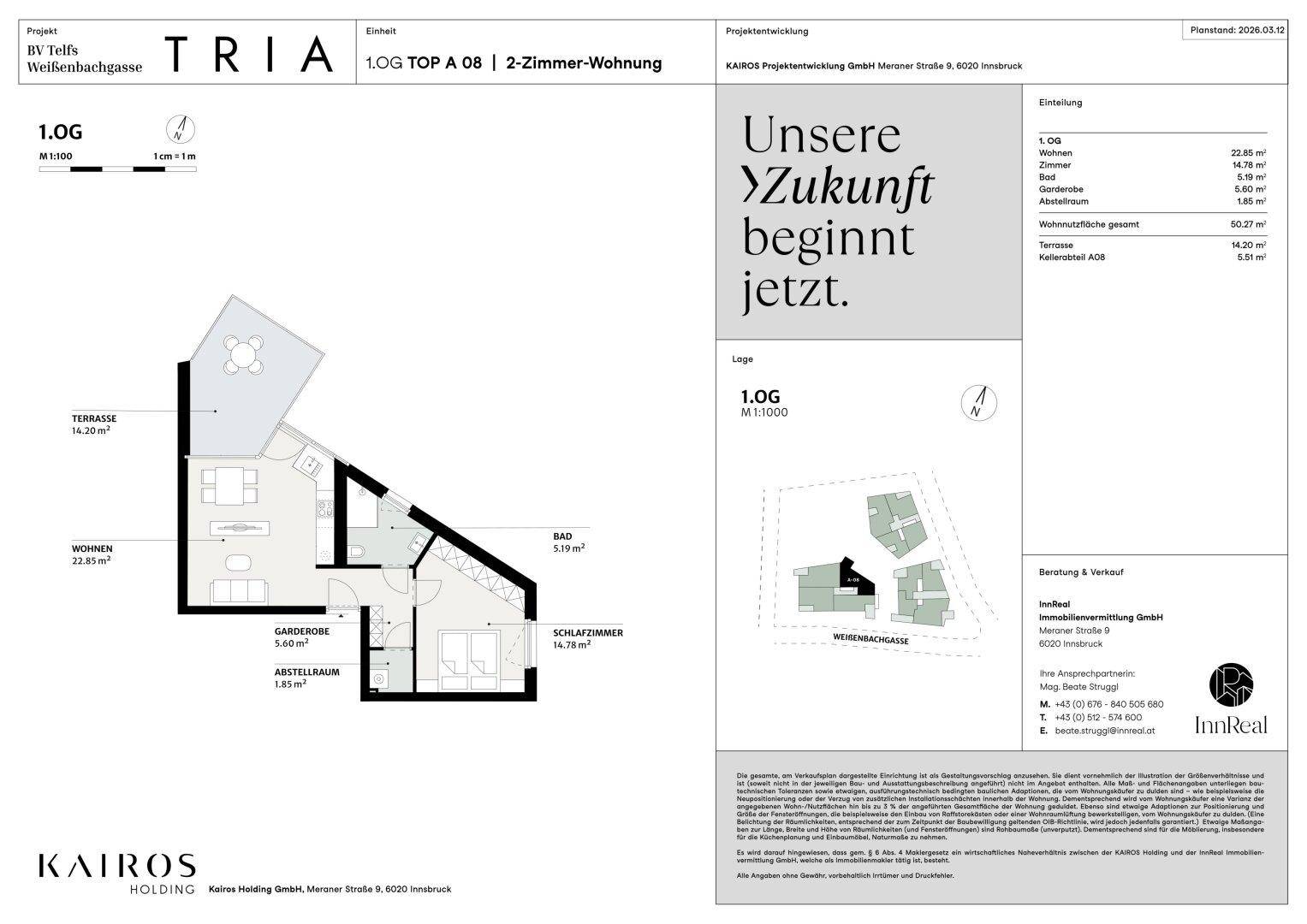 Grundriss einer 2-Zimmer-Wohnung mit Terrasse und Abstellraum.
