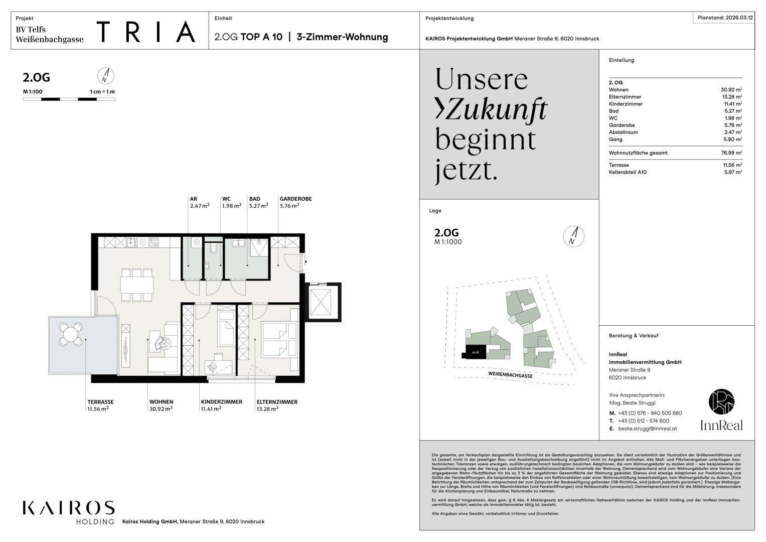 Grundriss einer 3-Zimmer-Wohnung im 2. Obergeschoss mit Terrasse und funktionaler Raumaufteilung.