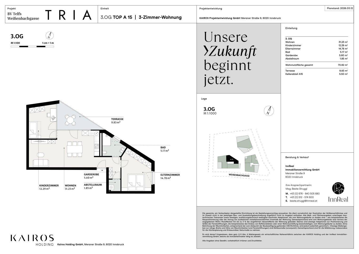 Grundriss einer 3-Zimmer-Wohnung mit Terrasse, Bad und separatem Abstellraum.