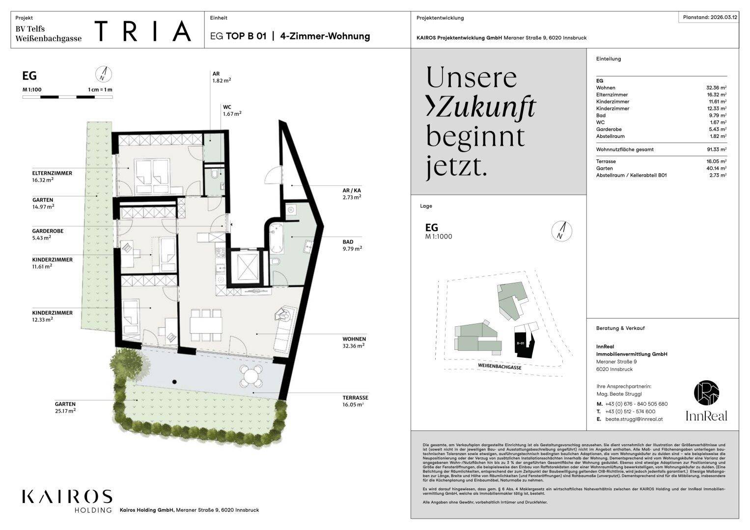 Grundriss einer 4-Zimmer-Wohnung im Erdgeschoss mit Terrasse und Garten.