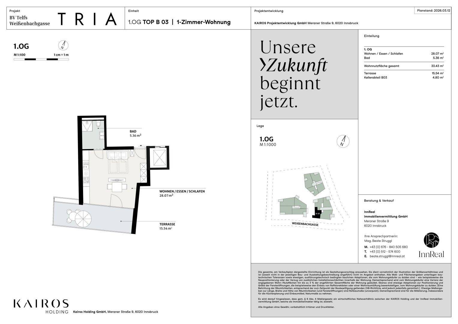 Grundriss einer 1-Zimmer-Wohnung mit Wohn-/Schlafbereich, Bad und Terrasse.