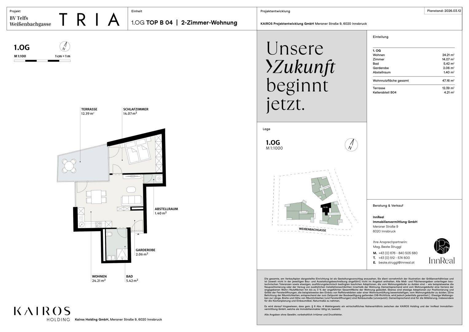 Grundriss einer 2-Zimmer-Wohnung mit Wohnbereich, Schlafzimmer, Bad und Terrasse.