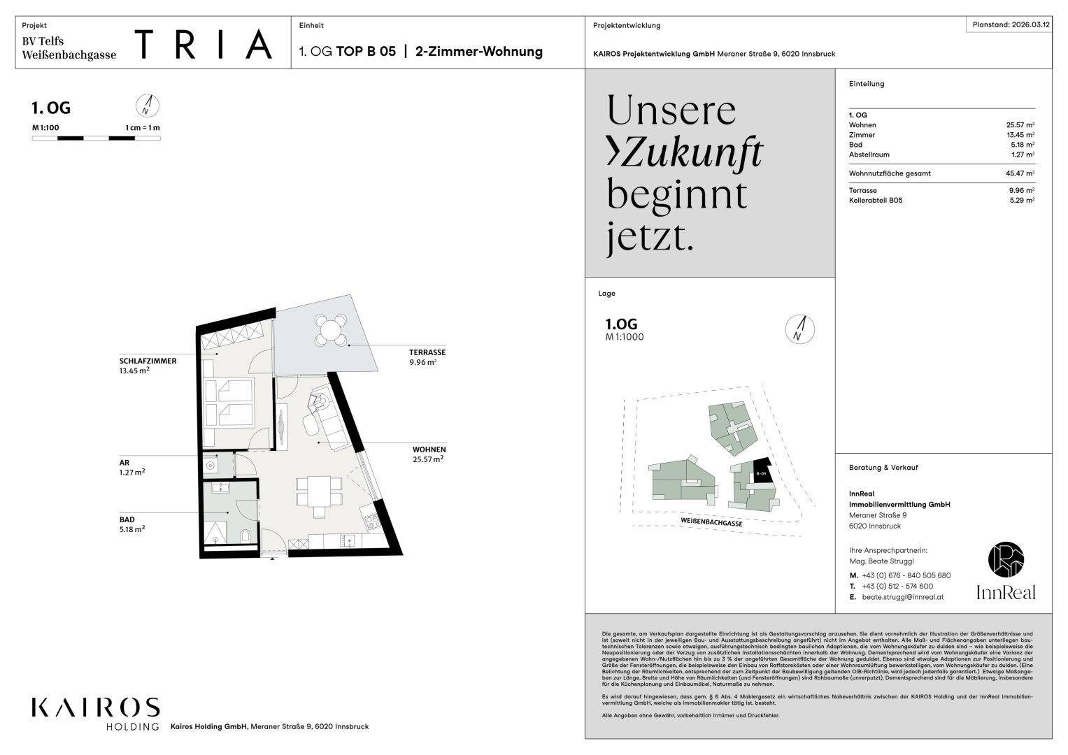 Grundriss einer 2-Zimmer-Wohnung im ersten Obergeschoss mit Terrasse und offenem Wohnbereich.