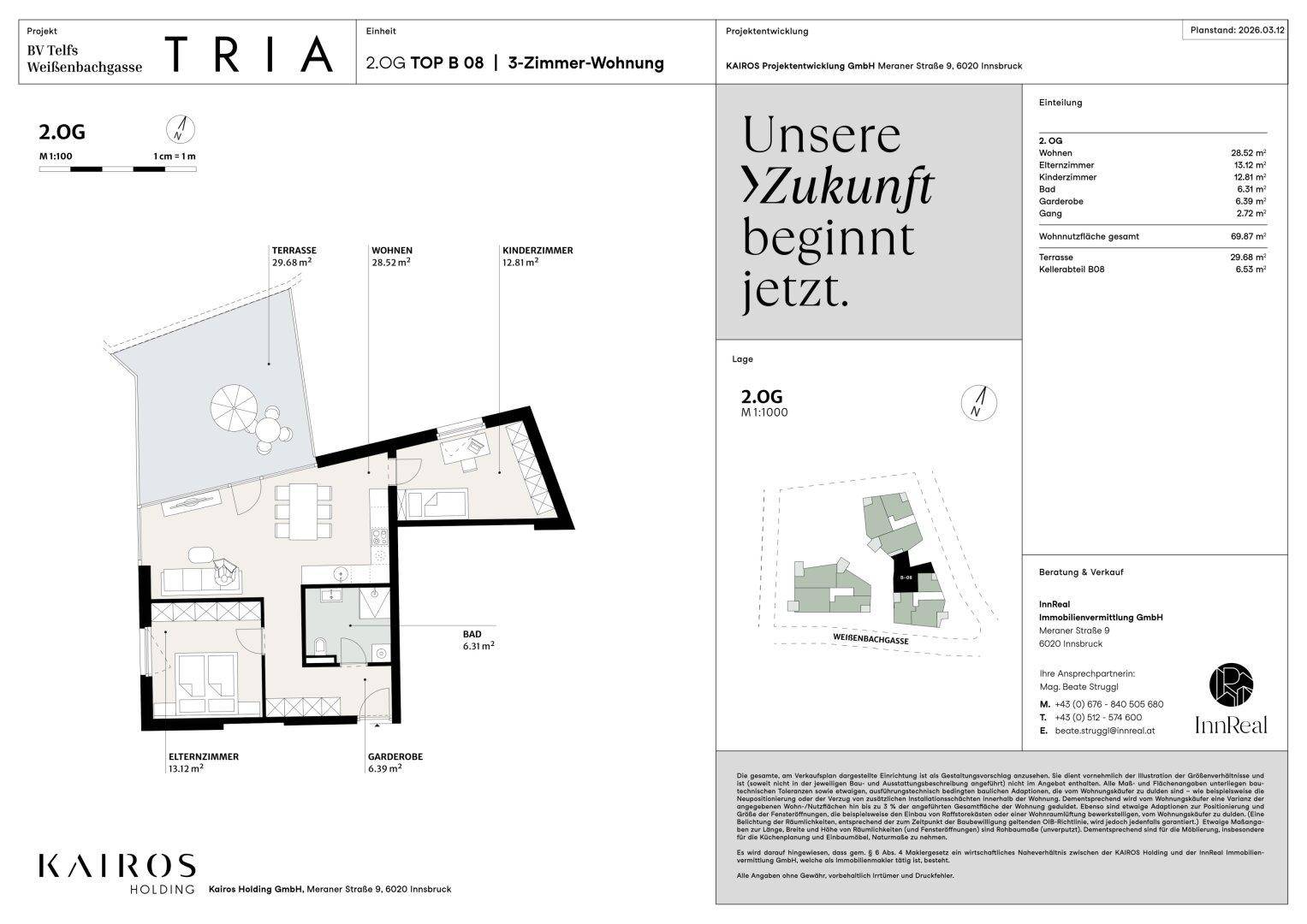 Grundriss einer 3-Zimmer-Wohnung im 2. Obergeschoss mit Terrasse und Gartenbereich.