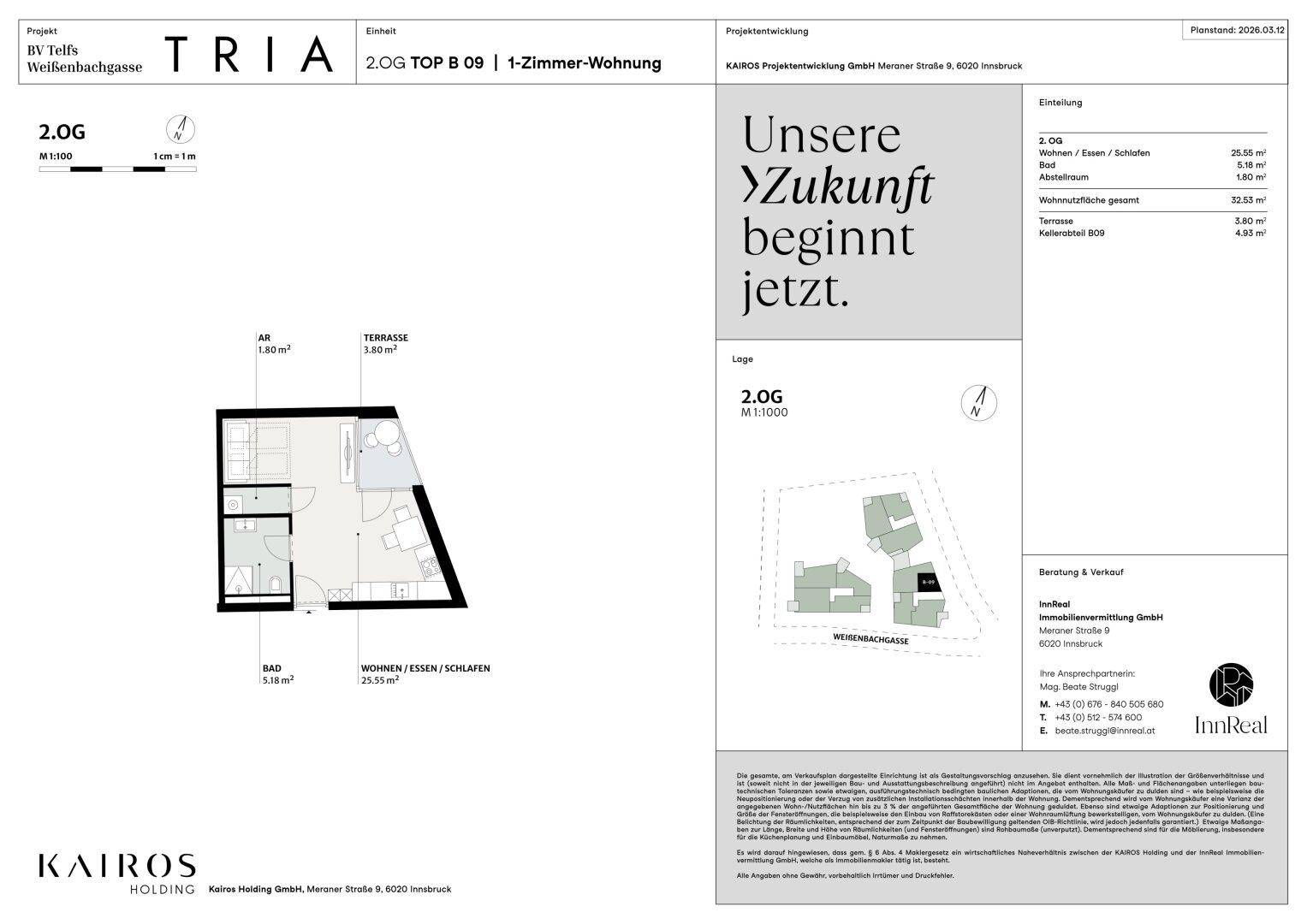 Grundriss einer 1-Zimmer-Wohnung im zweiten Obergeschoss mit Terrasse und offenem Wohnbereich.