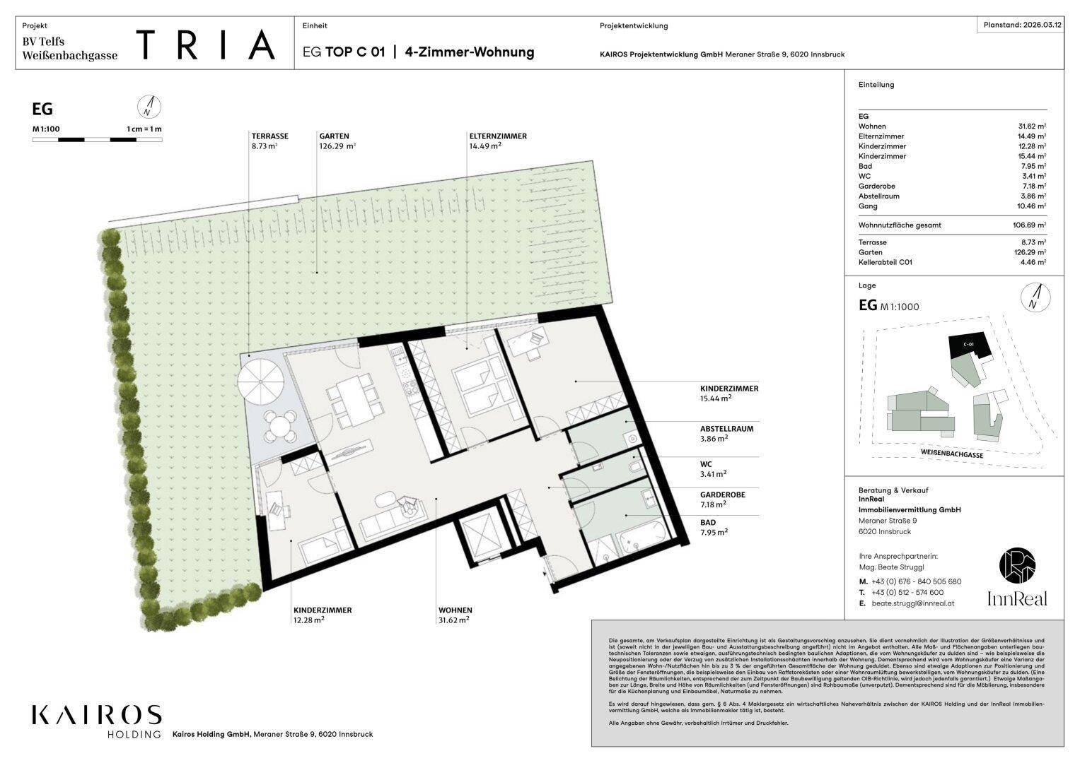 Detaillierter Grundriss einer 4-Zimmer-Wohnung mit Terrasse und Gartenanteil.