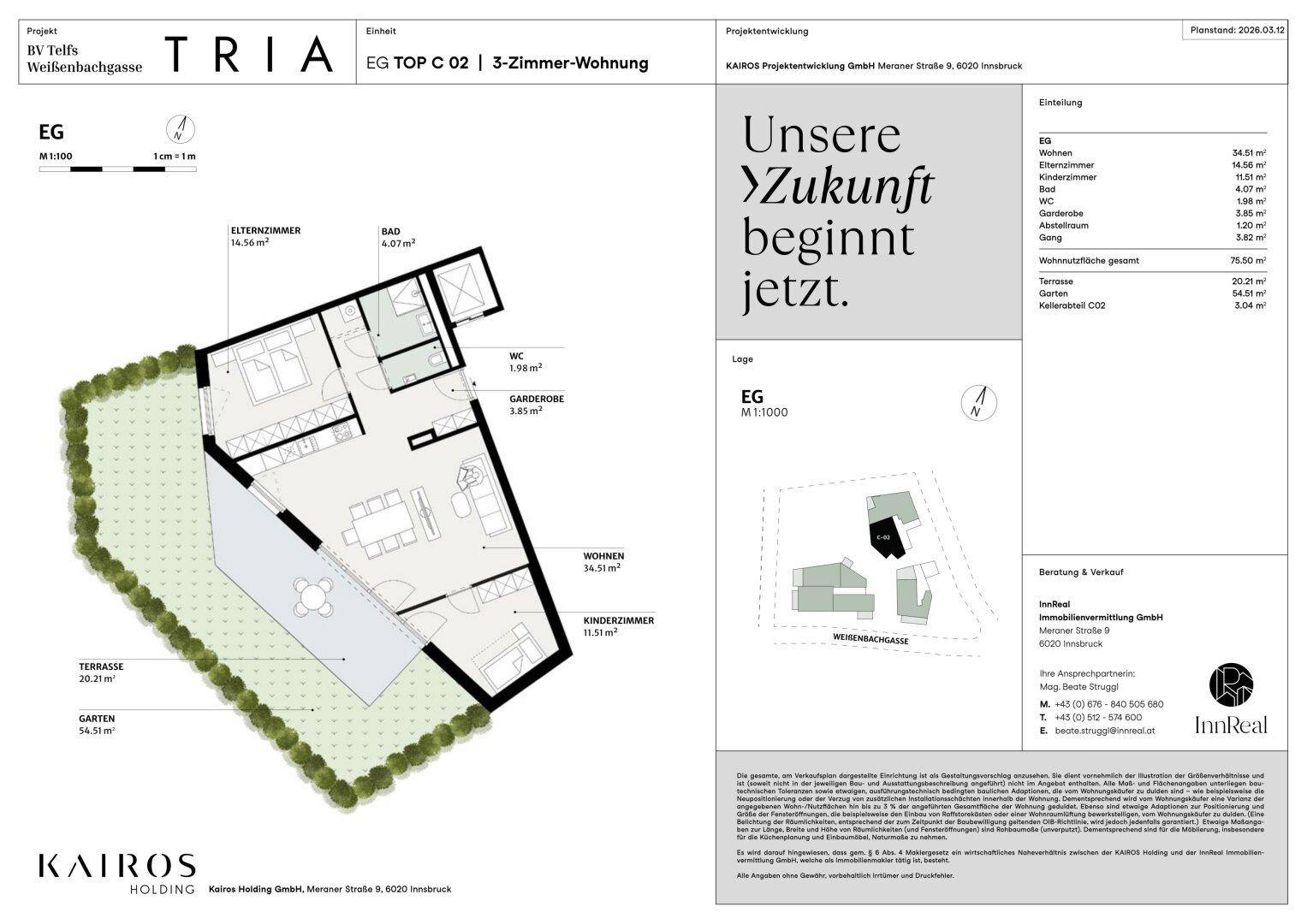Grundriss einer 3-Zimmer-Wohnung mit Terrasse und Garten im Erdgeschoss.