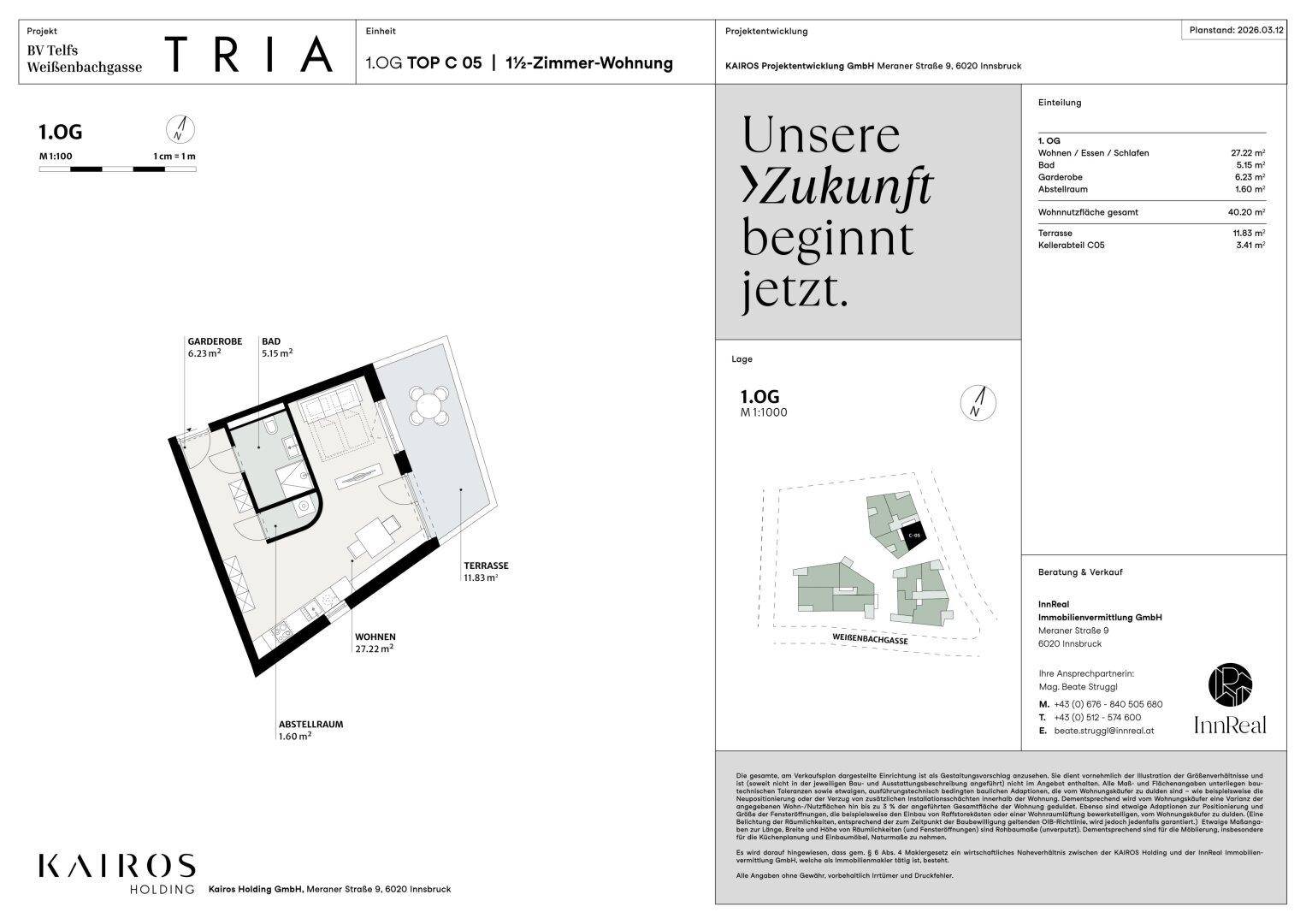 Grundriss einer 1-Zimmer-Wohnung mit Terrasse, Bad und Abstellraum im ersten Obergeschoss.