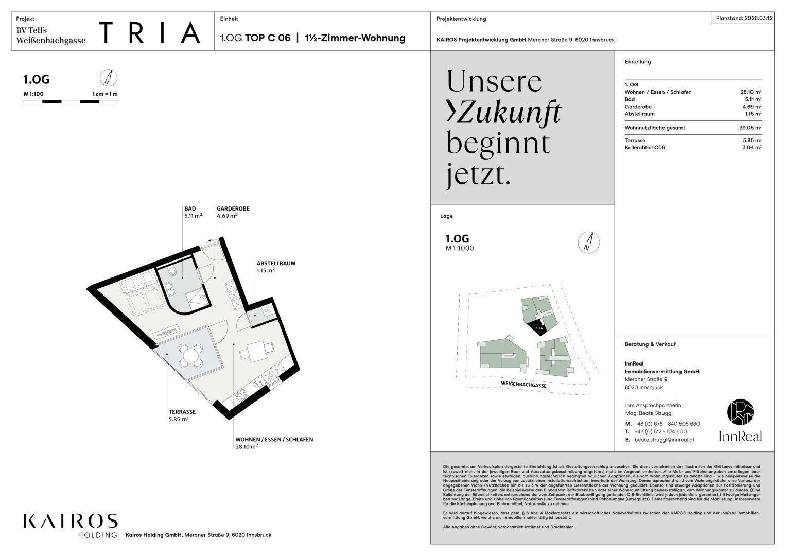 Grundriss einer 1-Zimmer-Wohnung im ersten Obergeschoss mit Terrasse.