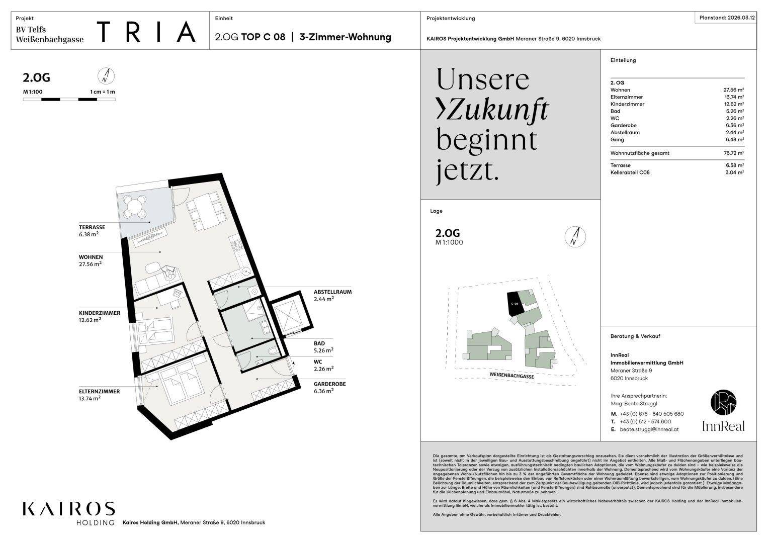 Grundriss einer 3-Zimmer-Wohnung im 2. Obergeschoss mit Terrasse und Kellerabteil.