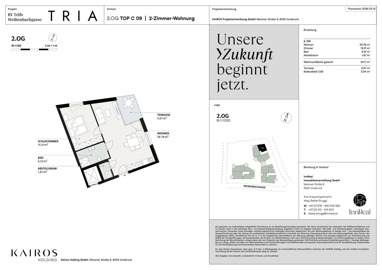 Grundriss einer 2-Zimmer-Wohnung mit Schlafzimmer, Bad, Wohnbereich und Terrasse.