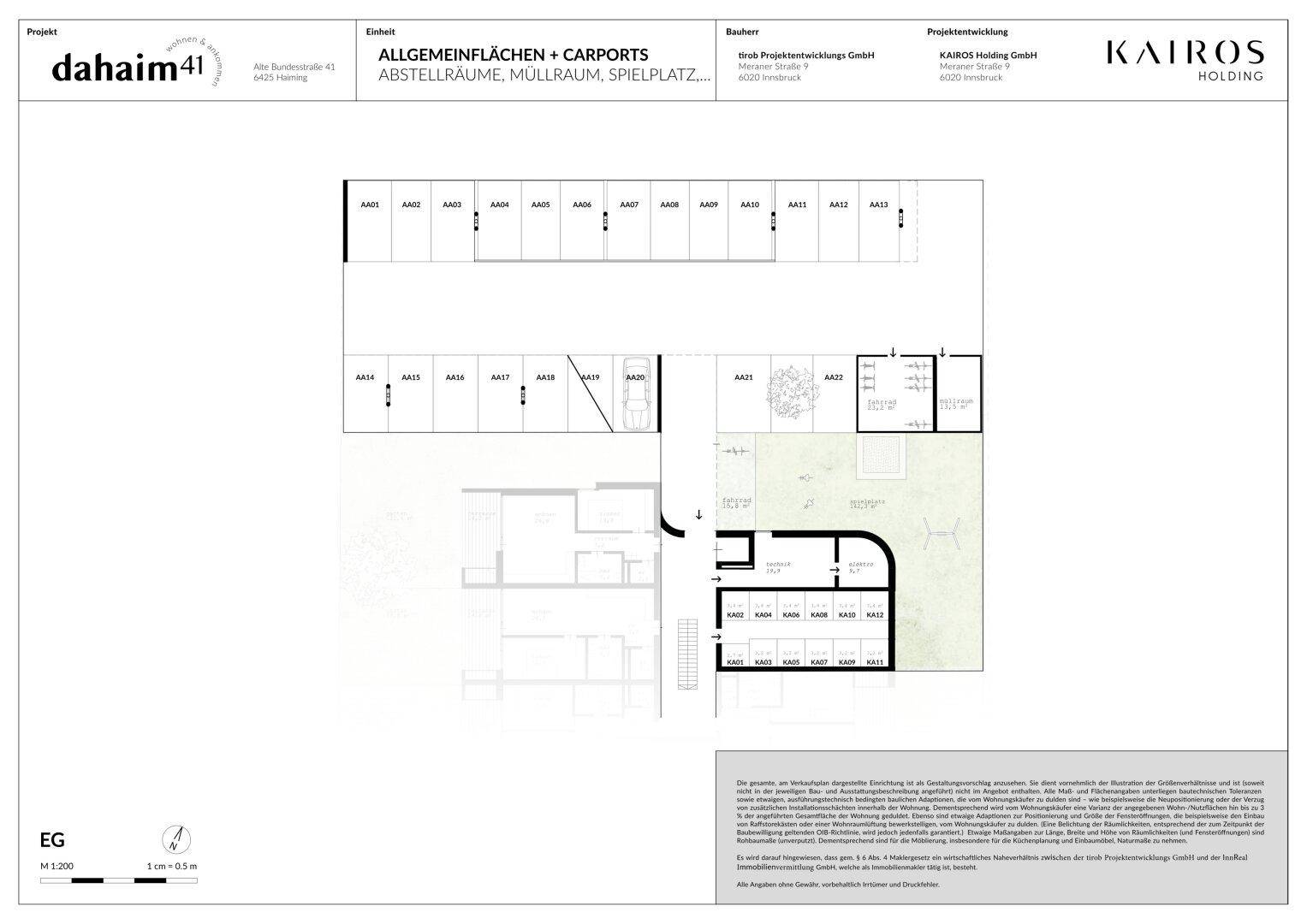 Grundriss der allgemeinen Flächen und Carports im Erdgeschoss mit Spielplatzbereich.