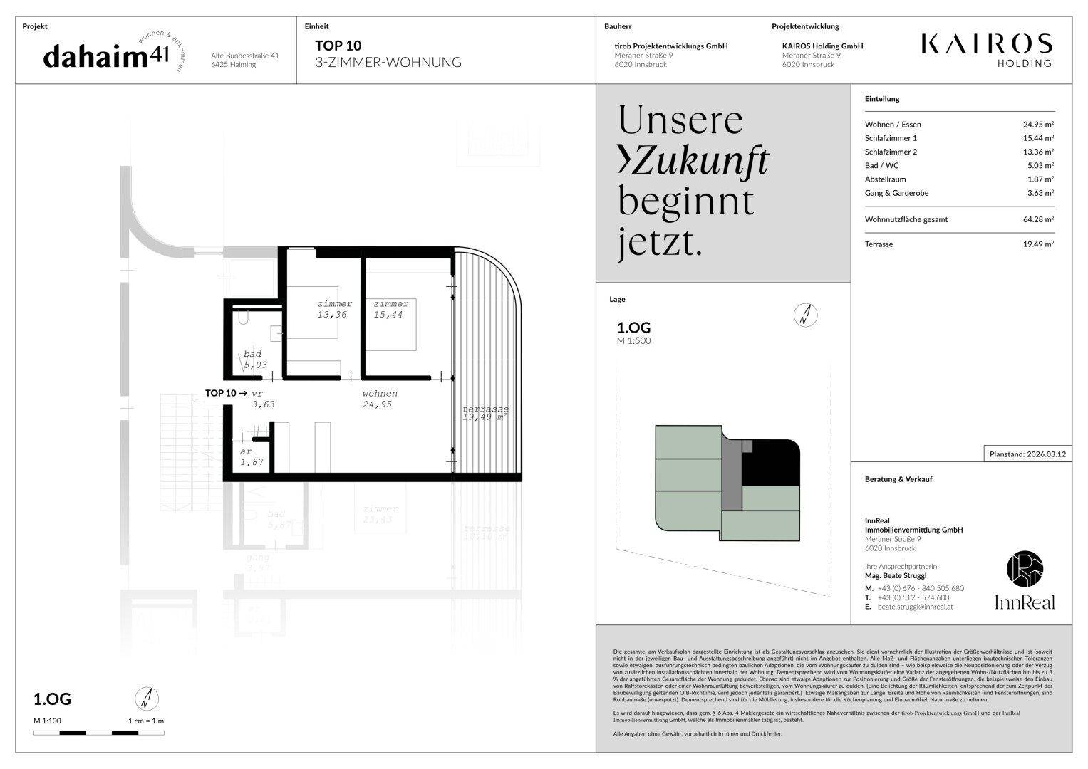 Grundriss einer 3-Zimmer-Wohnung im ersten Obergeschoss mit offener Raumaufteilung und Terrasse.