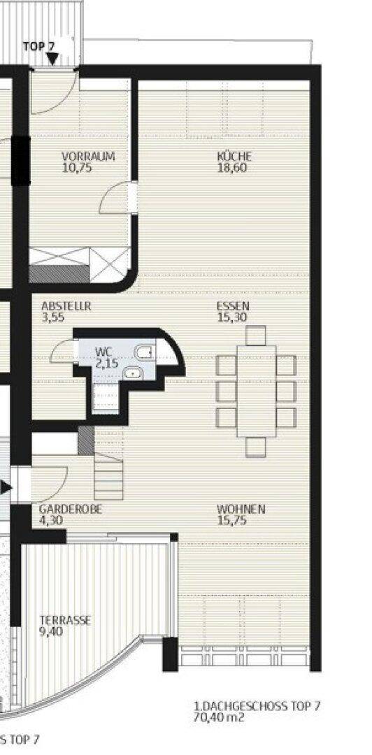 Grundrissplan einer Wohnung mit offenem Wohn-Essbereich, separater Küche, Gäste-WC und Terrasse.