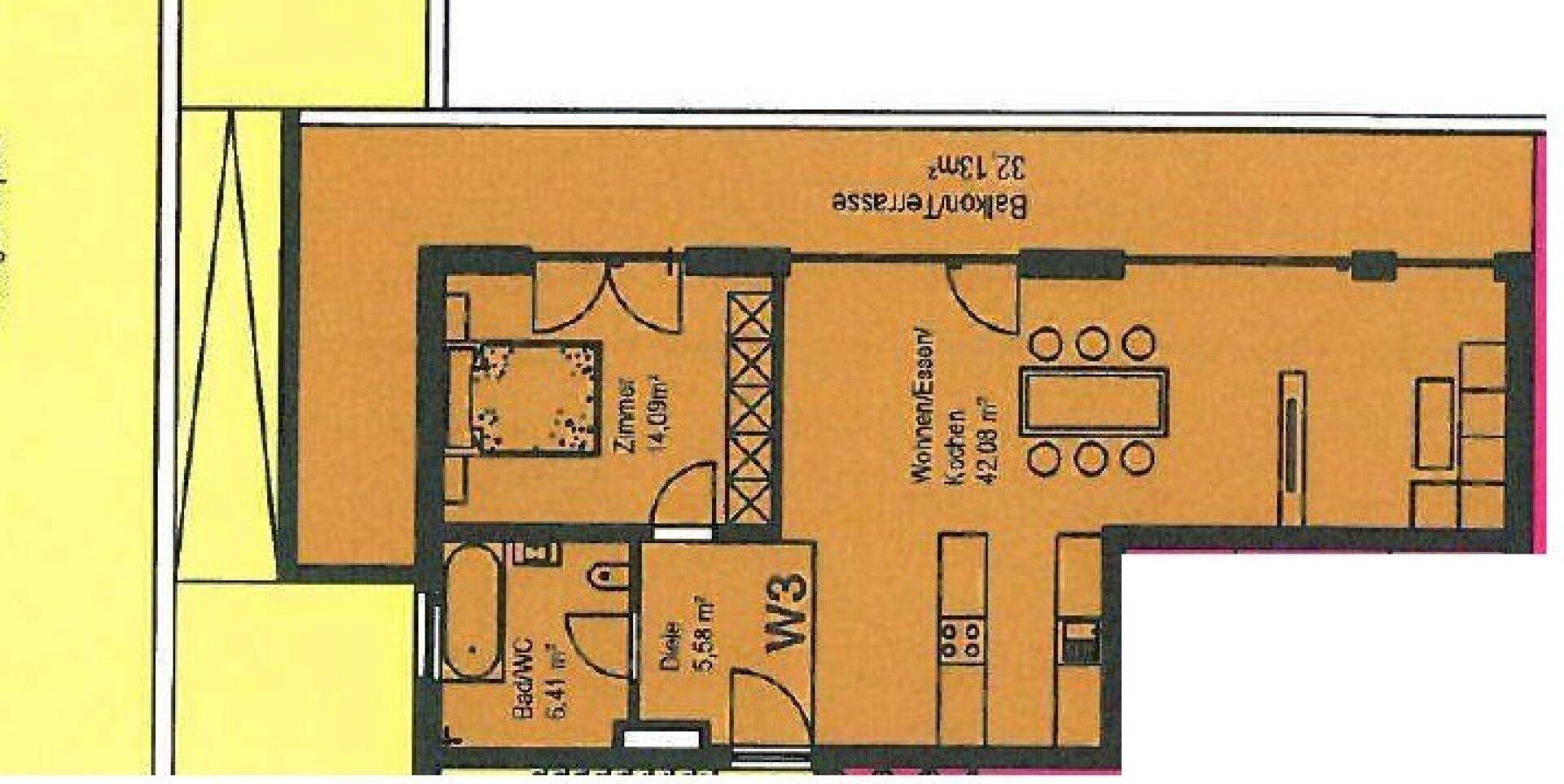 Grundriss einer Wohnung mit offenem Wohn-Essbereich, Schlafzimmer, Bad und Balkon/Terrasse.