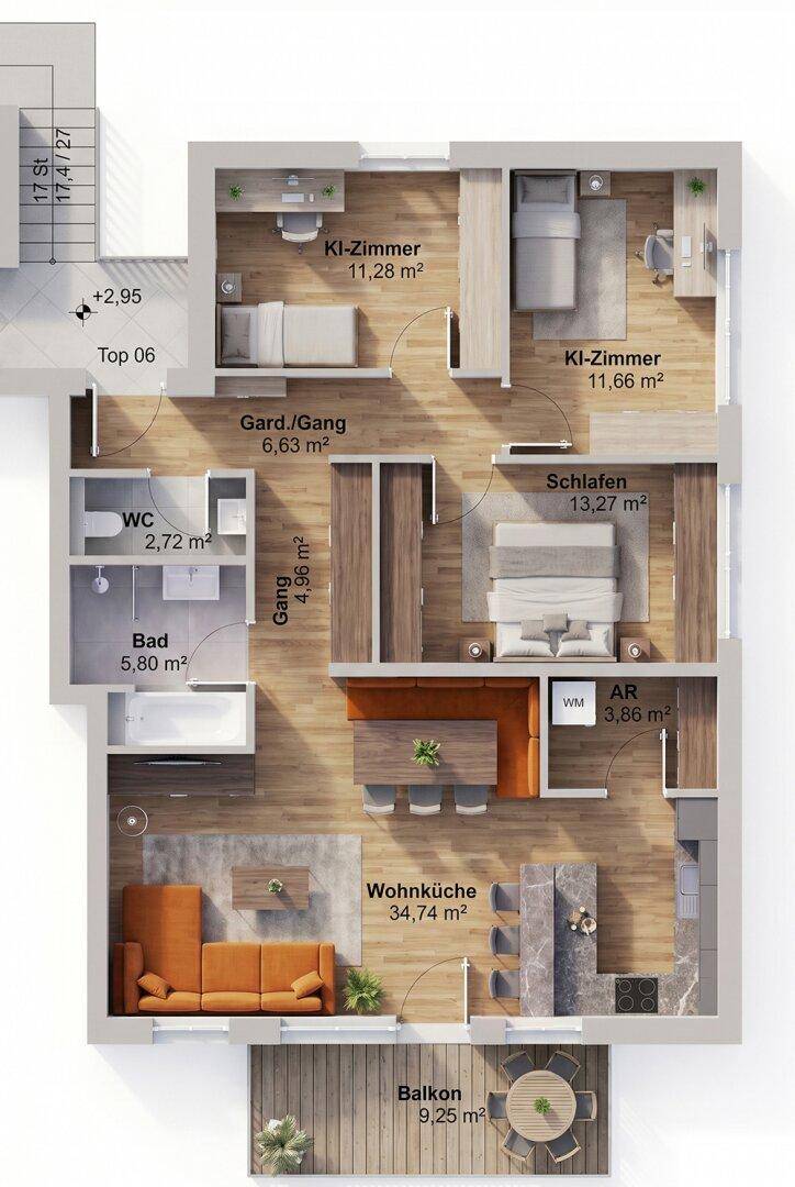 Grundriss einer Wohnung mit offenem Wohnbereich, zwei Schlafzimmern und Balkon.