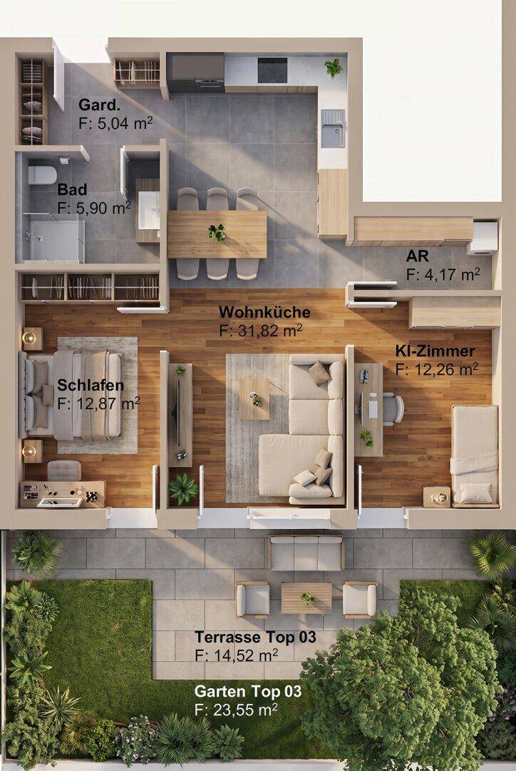 Detaillierter Grundriss einer Wohnung mit offener Wohnküche, Schlafzimmer, Kinderzimmer, Bad, Terrasse und Garten.