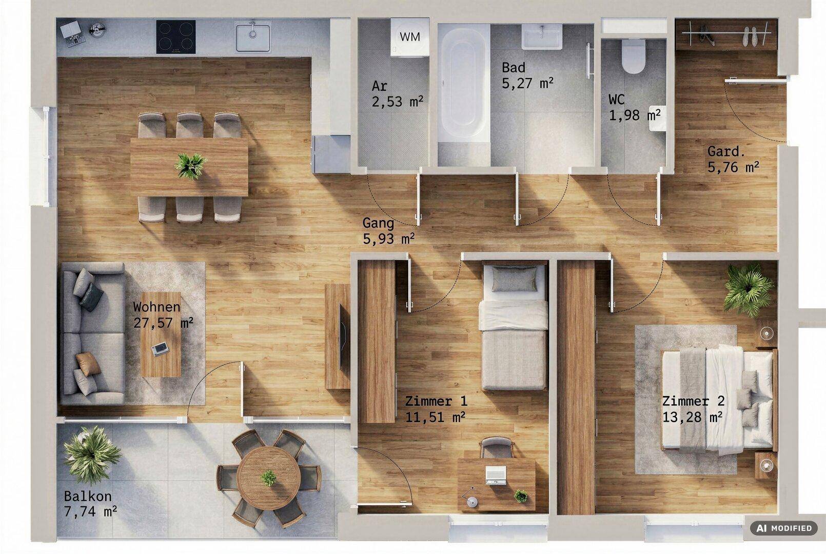Übersichtlicher Grundriss einer Zweizimmerwohnung mit offenem Wohnbereich, Küche und Balkon.