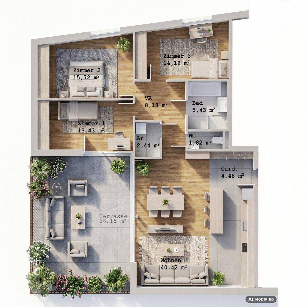 Geräumiger Grundriss einer Dreizimmerwohnung mit großem Wohnbereich und weitläufiger Terrasse.