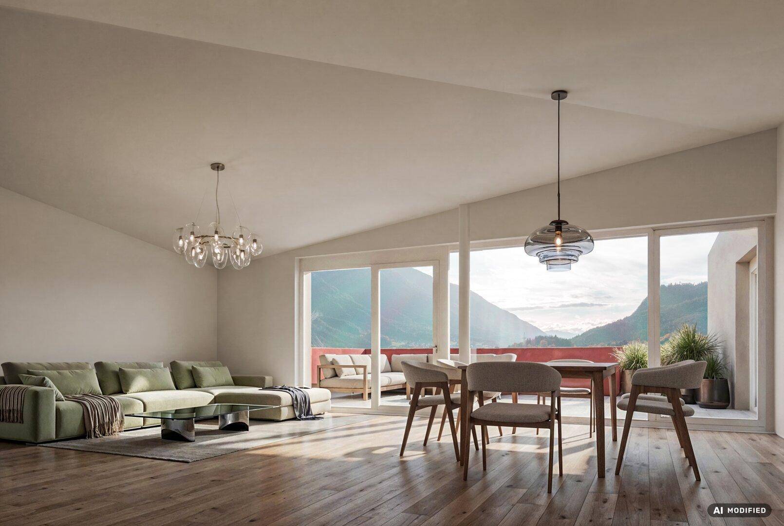 Heller Wohn-Essbereich mit Dachschräge, Holzboden und weitem Bergblick durch die Panoramafenster.