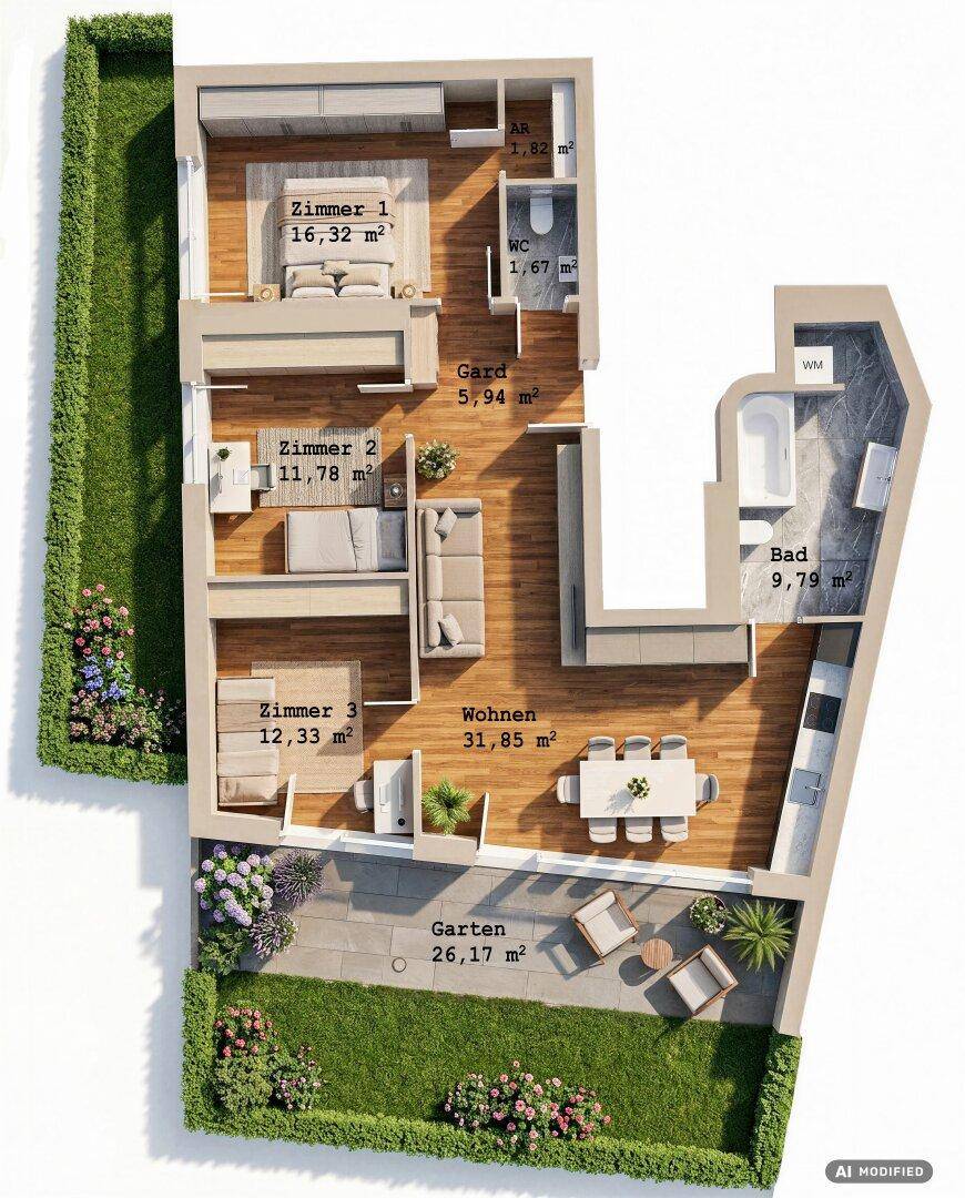 Detaillierter 3D-Grundriss mit drei Schlafzimmern, offenem Wohnbereich und Garten.