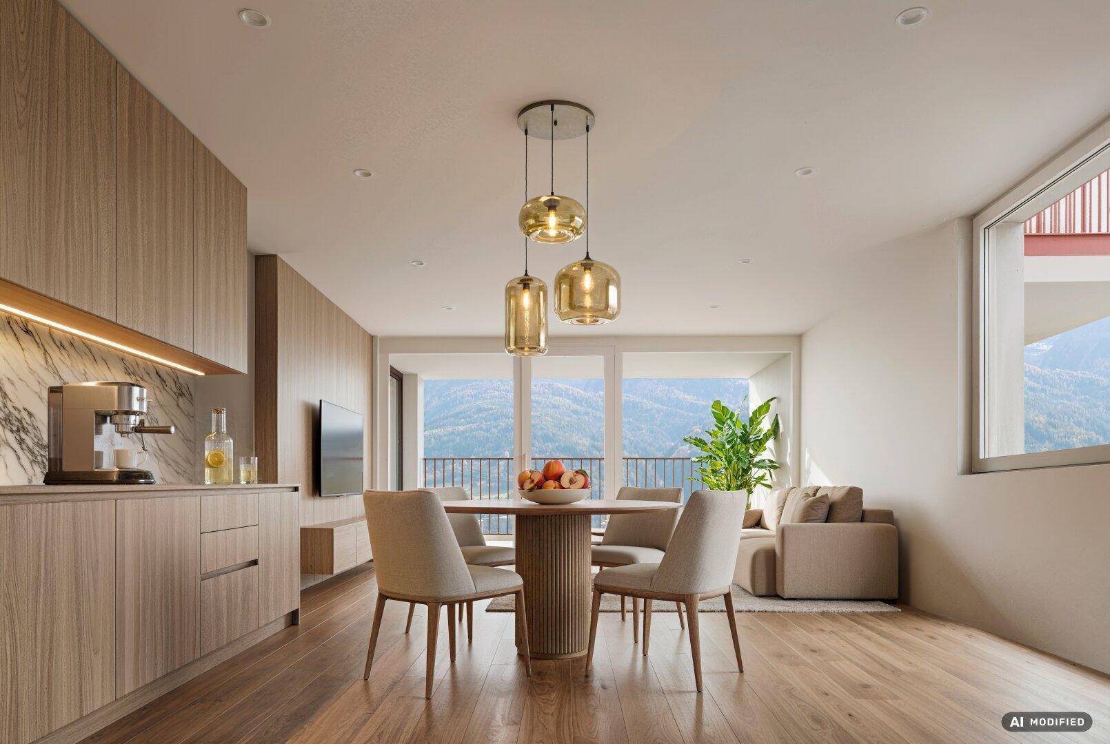 Modernes offenes Wohn-Esszimmer mit integrierter Küche und Panoramablick auf die Berge.
