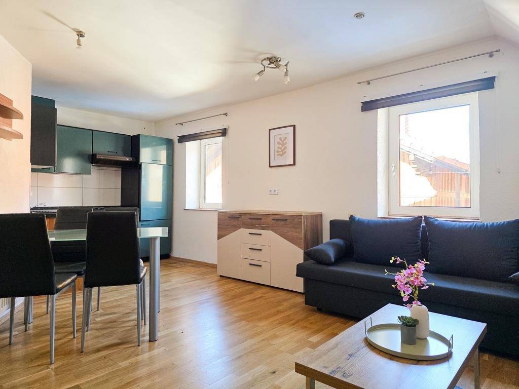 Moderner Wohn-Essbereich mit integrierter Küchenzeile, Holzboden und bequemer Couch.