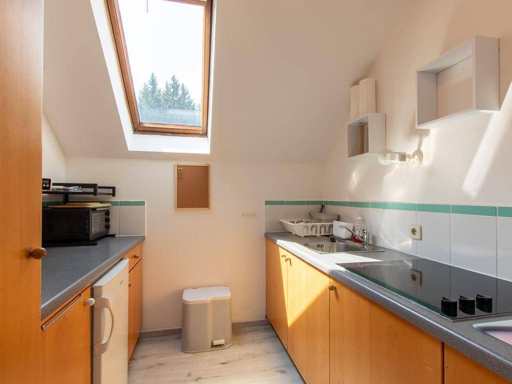 Kleine Küche im Dachgeschoss mit Dachfenster, Holzschränken und Induktionskochfeld.