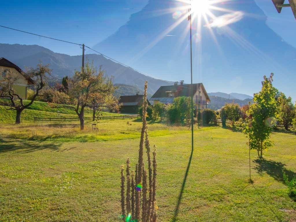 Weitläufiger grüner Garten mit sonniger Wiese und Panoramablick auf die majestätischen Berge.