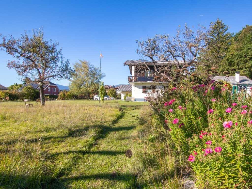 Weitläufiger Gartenbereich mit blühenden Blumen, altem Baumbestand und einem Haus im Hintergrund.