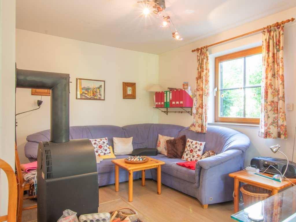 Wohnzimmer mit gemütlichem Sofa, Holzofen und Blick ins Grüne durch das Fenster.