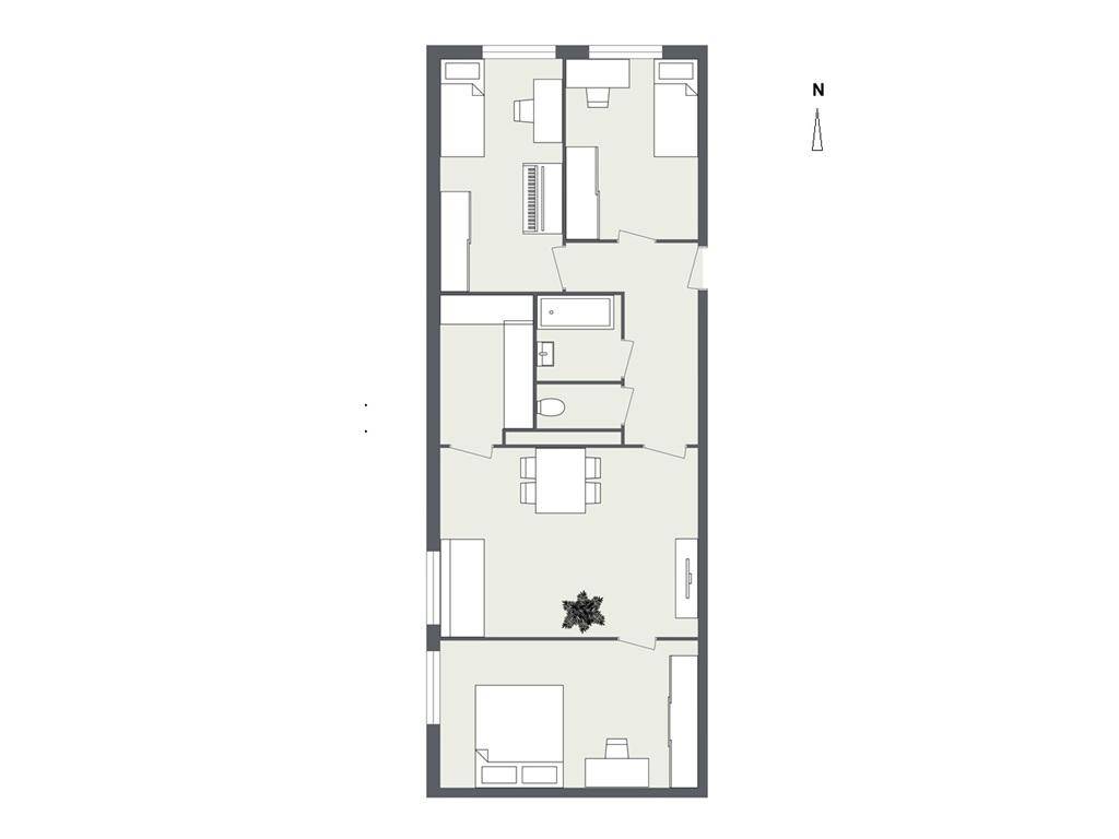 Grundriss einer Wohnung mit drei Zimmern, Bad und separatem WC.