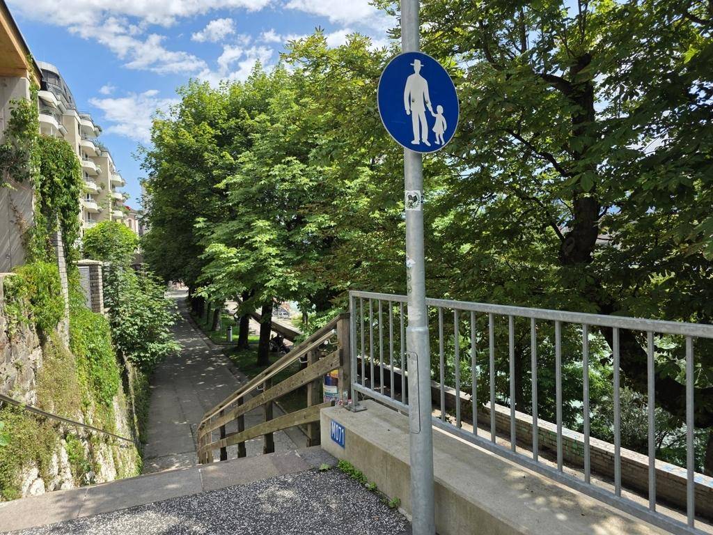 Fußgängerweg mit Treppen und Geländer, umgeben von üppigem Grün und Bäumen.