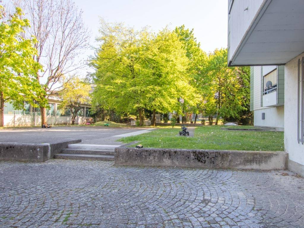 Grüner Gartenbereich mit Bäumen und gepflastertem Weg vor dem Gebäude.