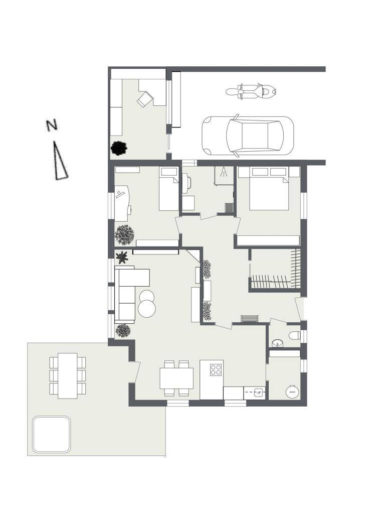 Grundriss des Erdgeschosses mit Wohnbereichen, Schlafzimmer und Garage.