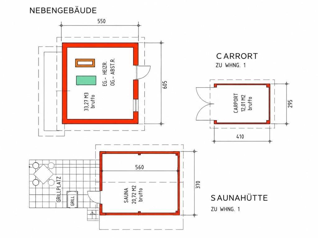 Grundriss der Nebengebäude mit Saunahütte, Grillplatz und Carport für Wohnung 1.