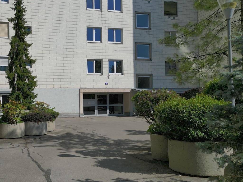 Eingangsbereich eines Mehrfamilienhauses mit Bepflanzung und heller Fassade.