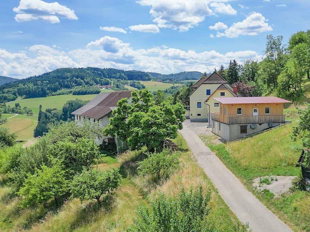 Luftaufnahme des Anwesens mit zwei Hauptgebäuden und einem Holzhaus in grüner Umgebung.