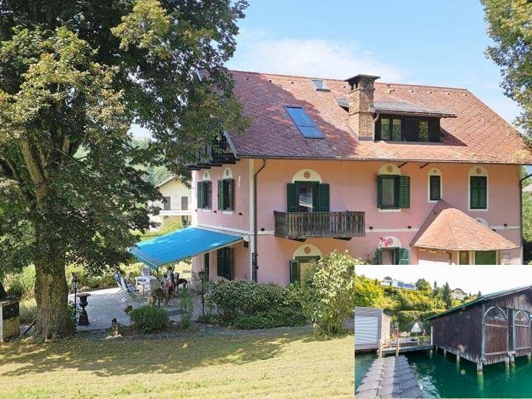 Charmantes Haus mit rosa Fassade, großem Garten, Terrasse und direktem Seezugang mit Bootshaus.