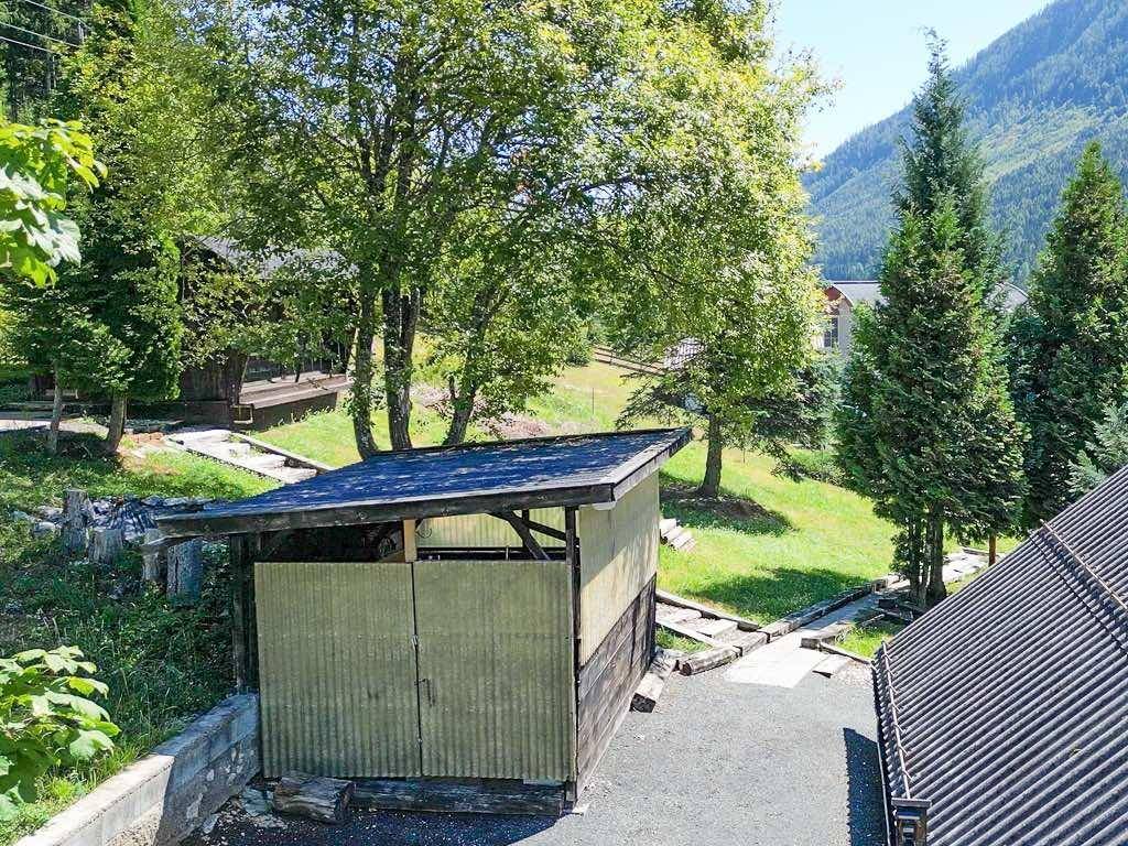 Kleiner Schuppen mit Pultdach neben einem Haus, umgeben von Bäumen und Gras.